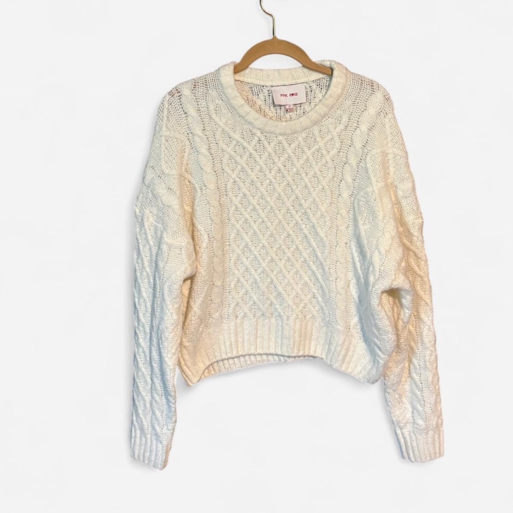 Pink Rose Cream Crew Neck Cable Knit Sweater